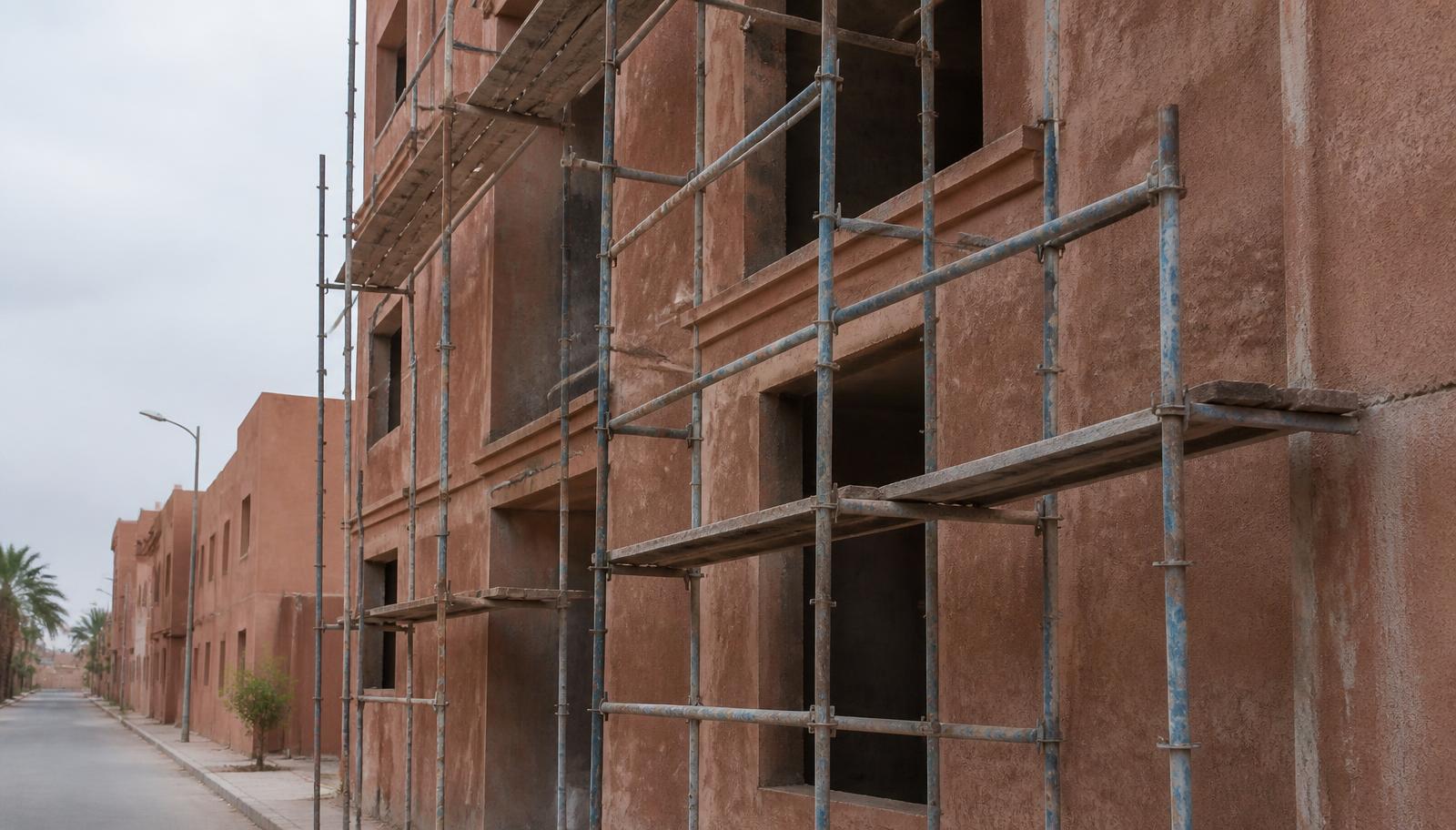 Appartementengebouw in aanbouw met steigers in een Marokkaanse straat