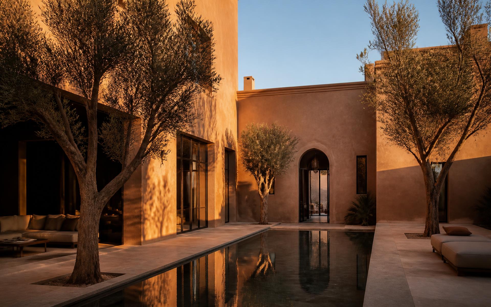 Binnenplaats van een moderne villa in Marrakech met olijfbomen en een lange waterpartij bij zonsondergang